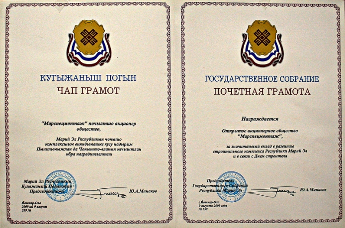 Почетная грамота Государственного собрания РМЭ за значительный вклад в развитие строительного комплекса Республики Марий Эл, 2007 год